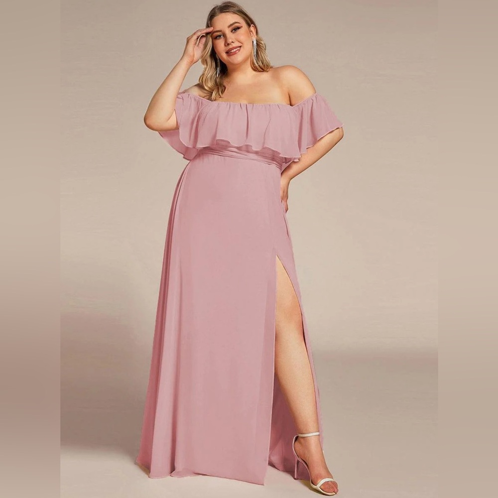 NWT - Plus Size Pink Off the Shoulder Formal Dress with Thigh Split
